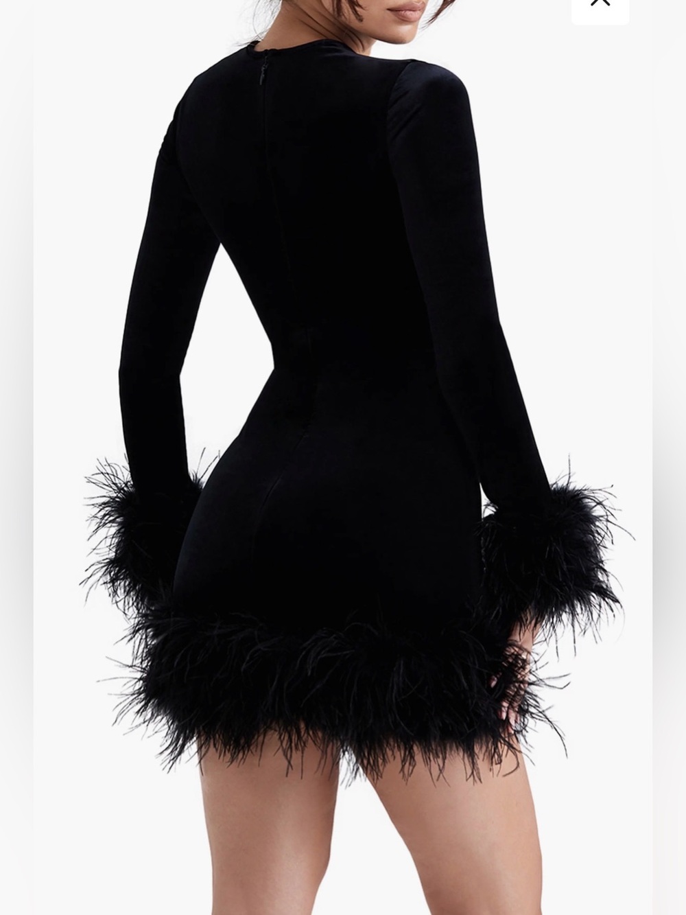 House Of CB Black Velvet Feather Trim Long Sleeve Mini Dress XS- worn once! - Picture 3 of 9